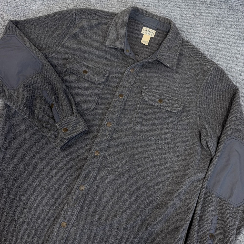LL Bean Shacket Men Large Allagash Fleece Overshirt Shirt Jacket Gray Snap Front